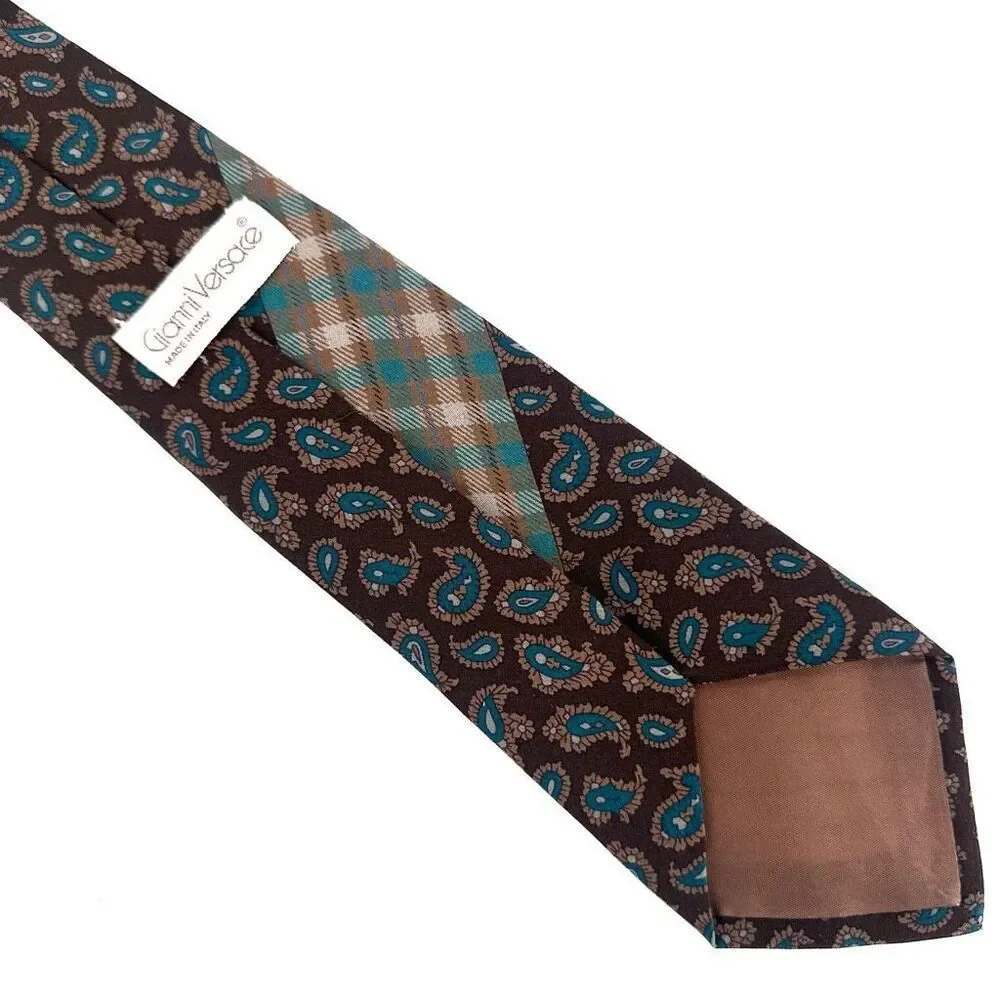 Vintage Gianni‎ Versace Brown Paisley Plaid Silk Mixed Pattern Men’s tie blue